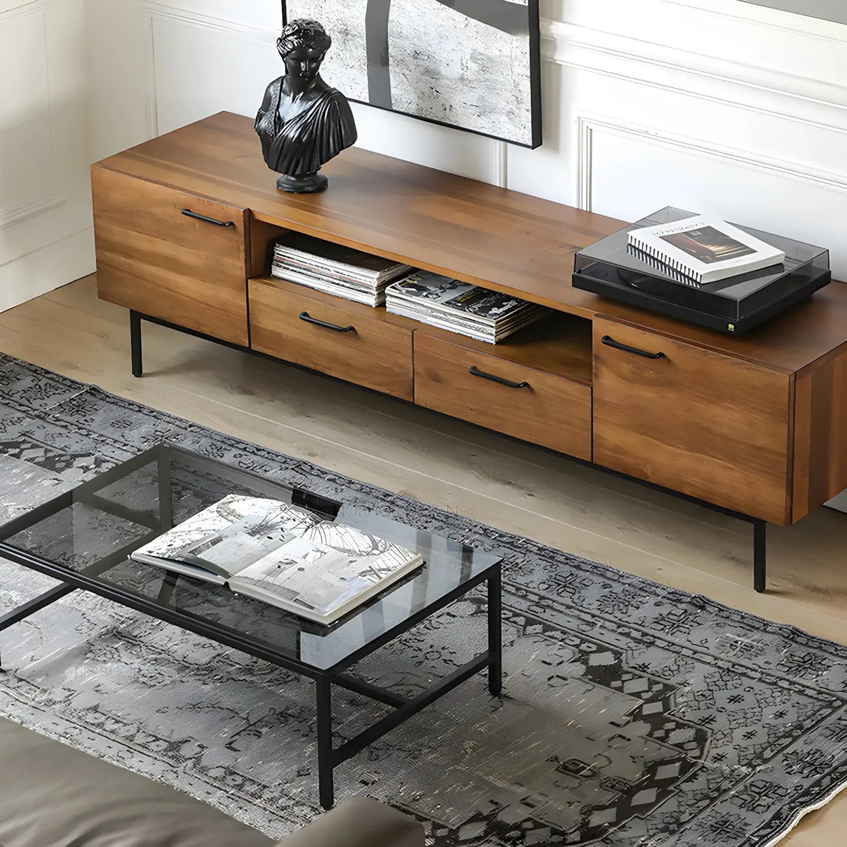 Industrial Rectangular Wood Living Room TV Stand Brown Image - 12