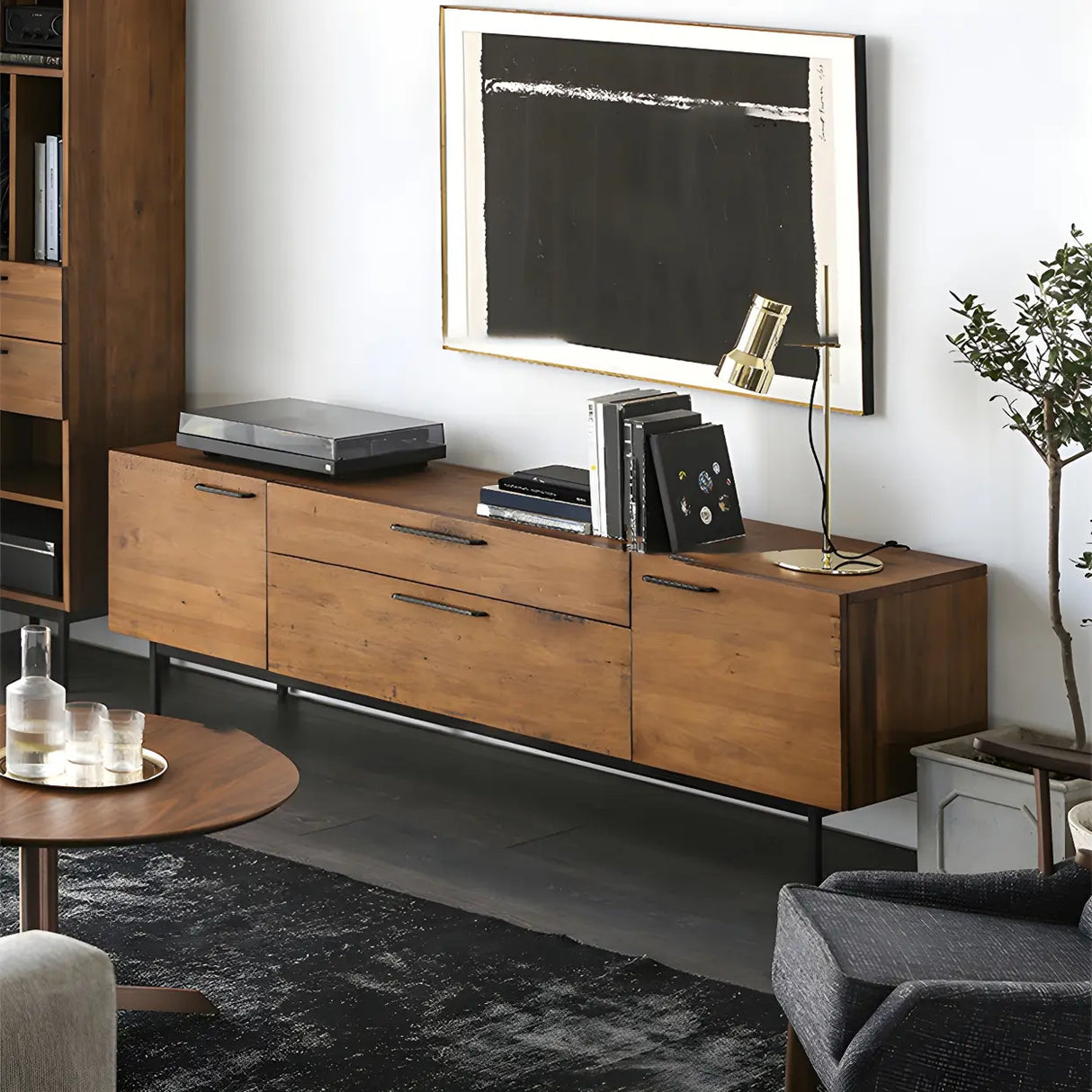 Industrial Rectangular Wood Living Room TV Stand Brown Image - 1