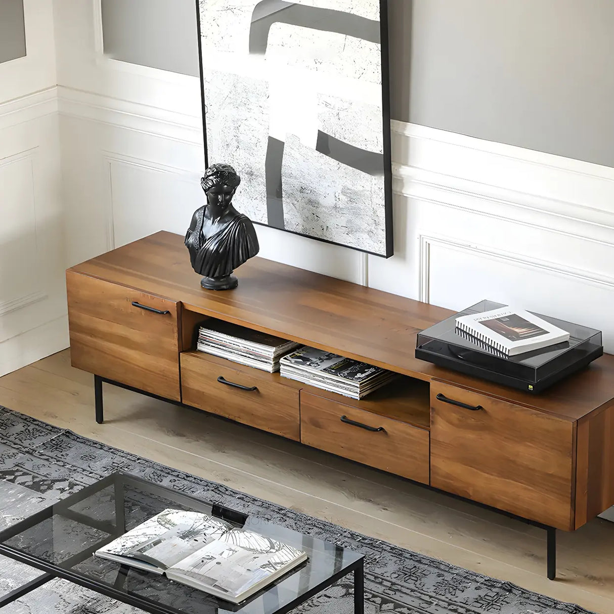 Industrial Rectangular Wood Living Room TV Stand Brown Image - 3