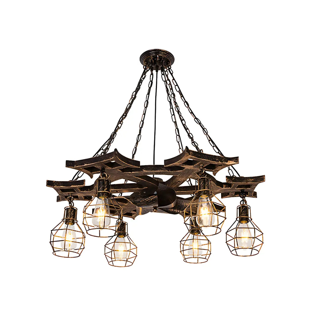 Industrial Rustic 6 Bulbs Bronze Cage Wheel Chandelier Image - 1