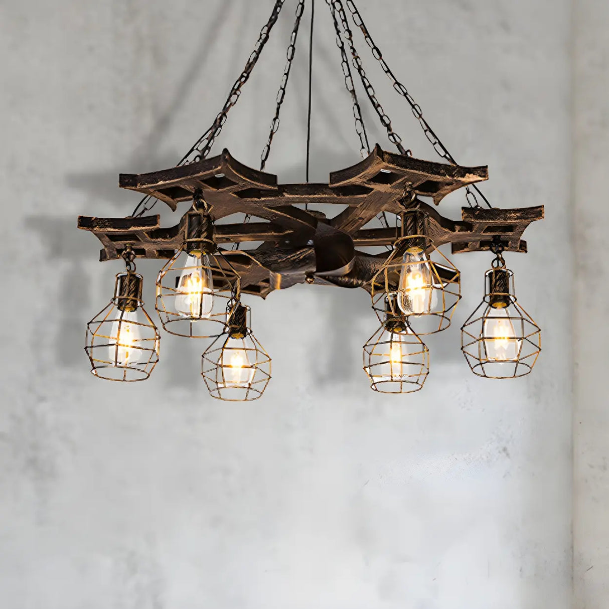 Industrial Rustic 6 Bulbs Bronze Cage Wheel Chandelier Image - 2