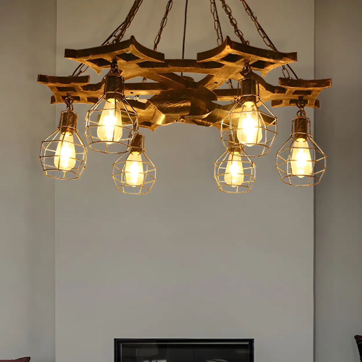 Industrial Rustic 6 Bulbs Bronze Cage Wheel Chandelier Image - 3