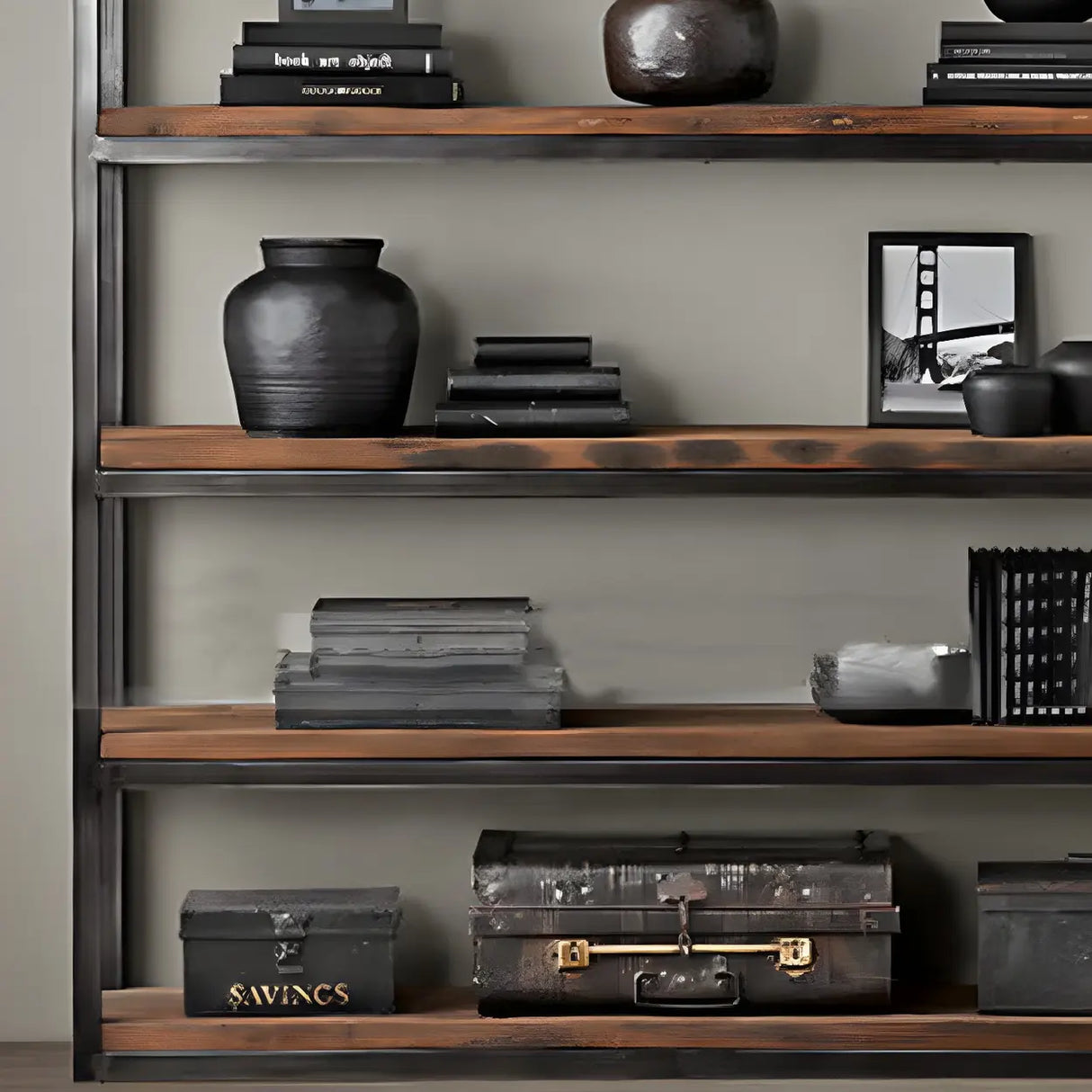 Industrial Rustic Metal Tall Wood Bookcase Black Brown Image - 10