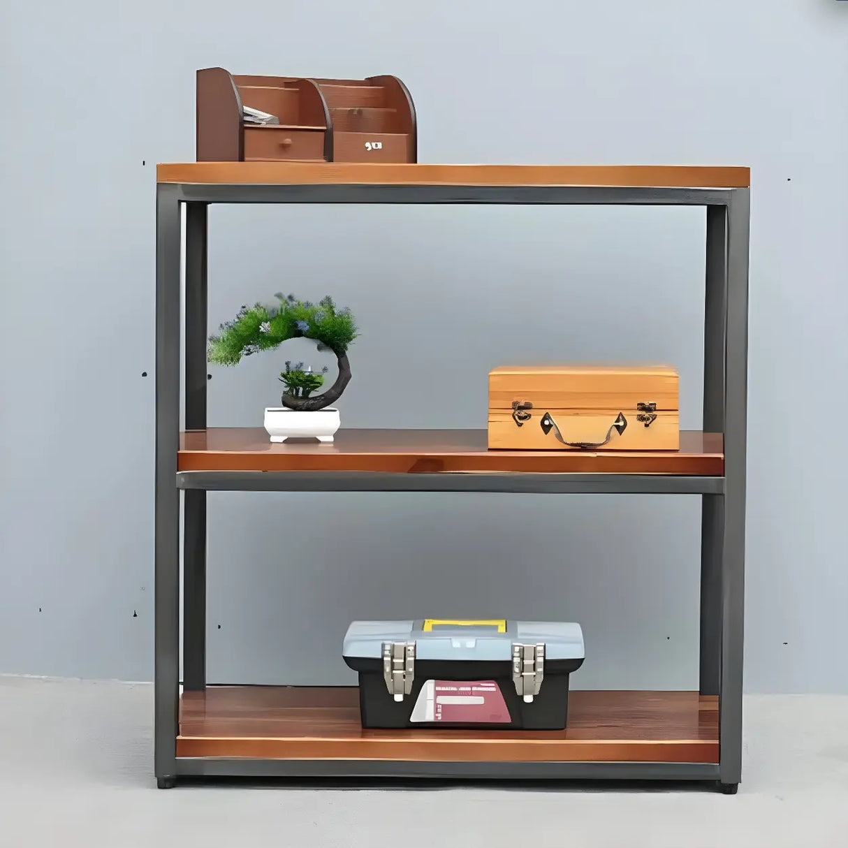 Industrial Rustic Metal Tall Wood Bookcase Black Brown Image - 2