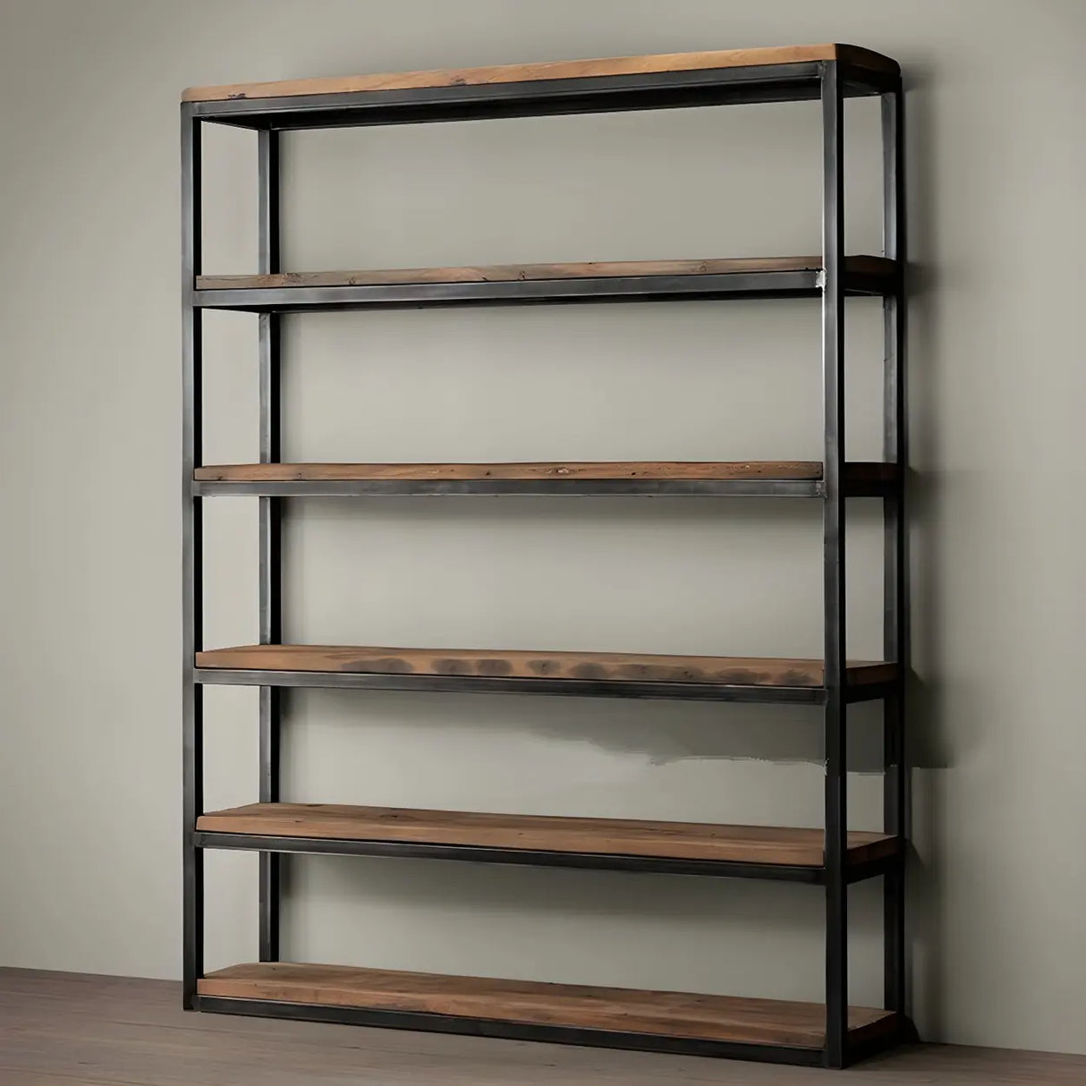 Industrial Rustic Metal Tall Wood Bookcase Black Brown Image - 3