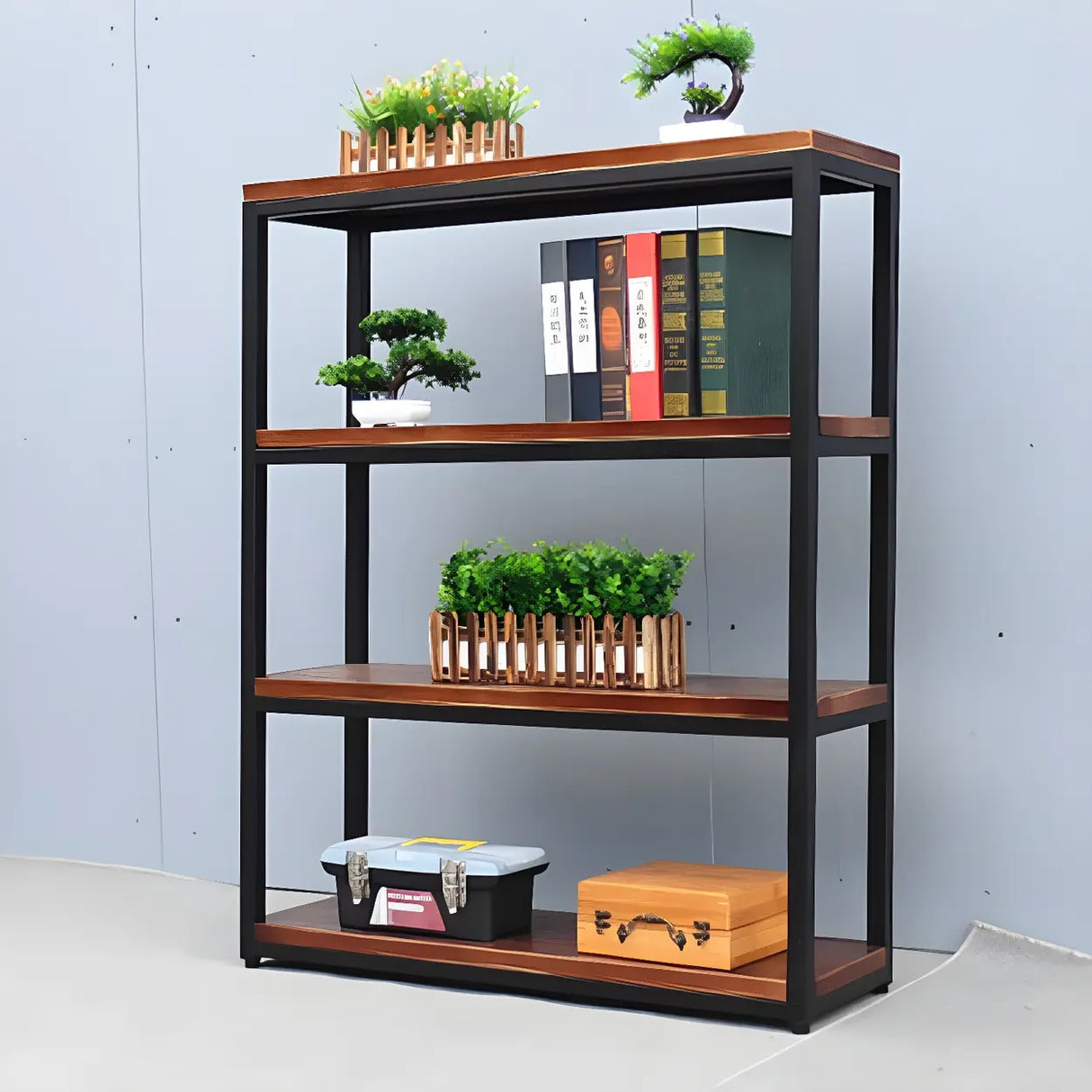 Industrial Rustic Metal Tall Wood Bookcase Black Brown Image - 4