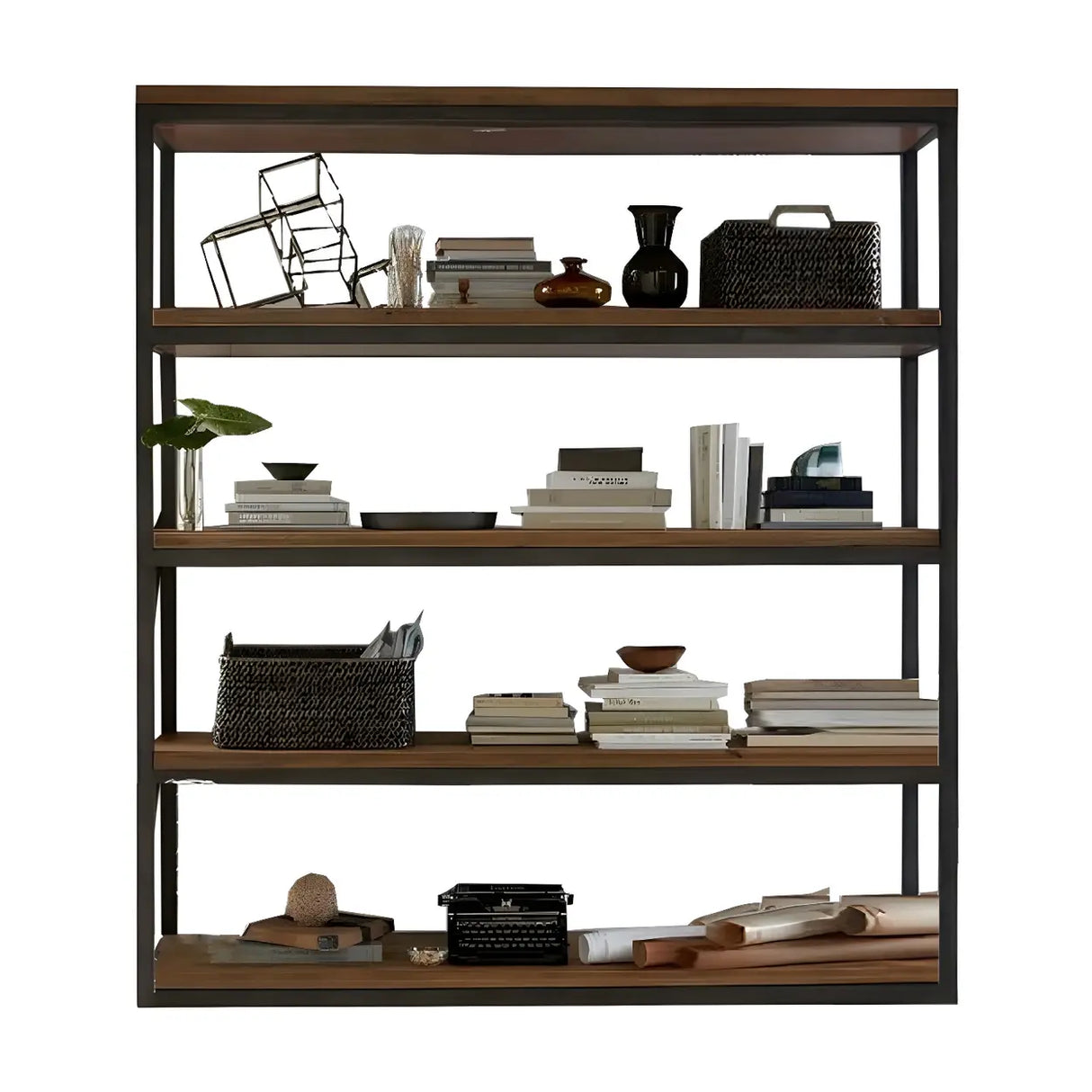 Industrial Rustic Metal Tall Wood Bookcase Black Brown Image - 5