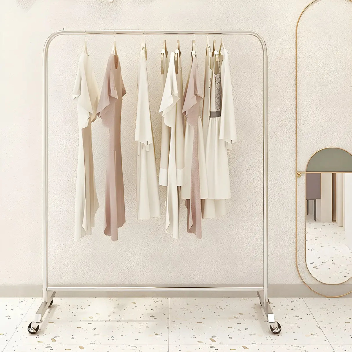 Industrial Silver Stainless Steel Coat Rack with Casters Image - 1