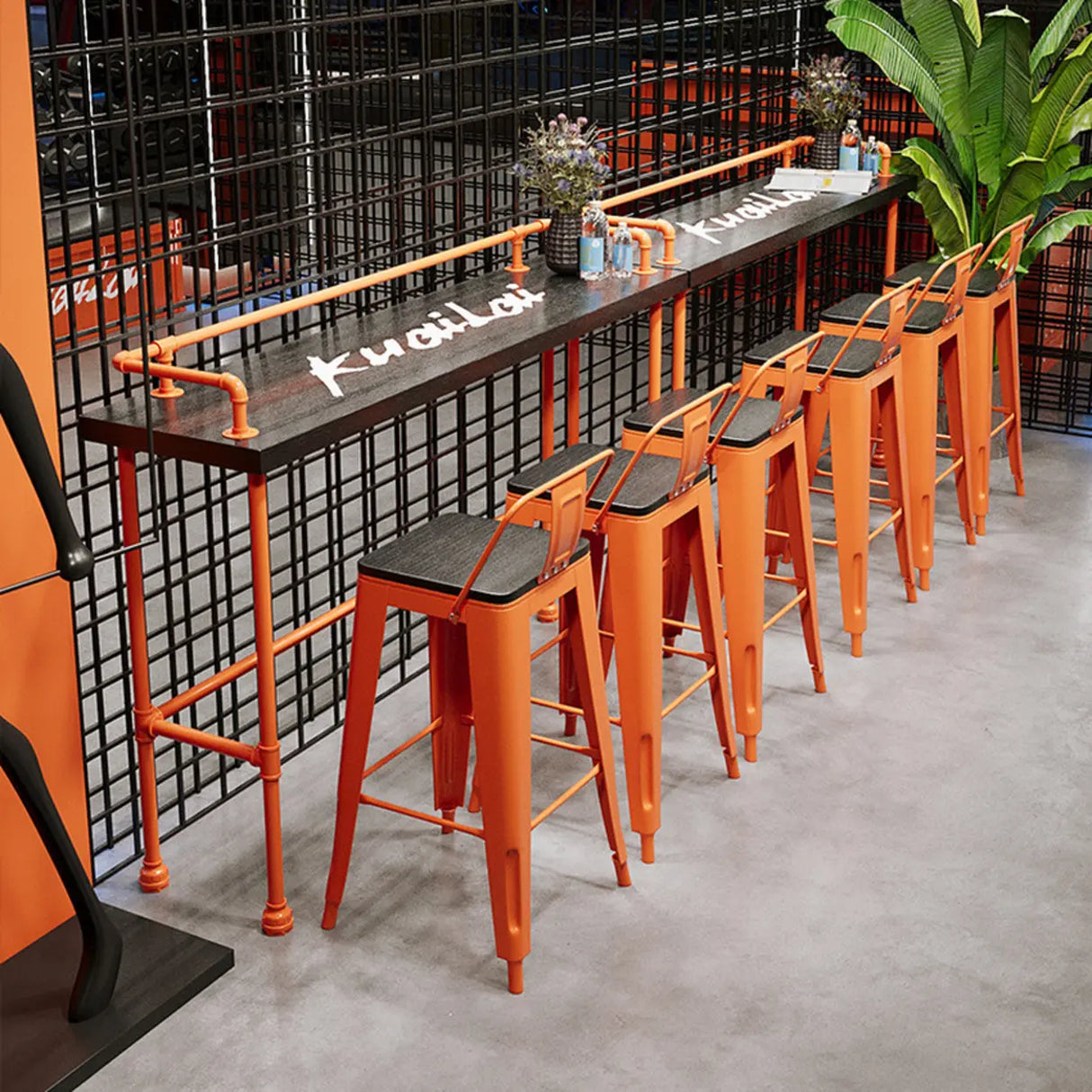 Industrial Spectator Height Bar Table with Orange Railing Image - 1