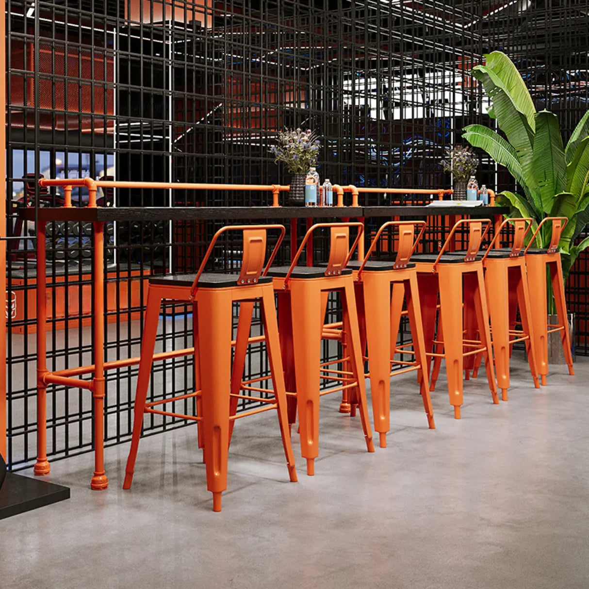 Industrial Spectator Height Bar Table with Orange Railing Image - 2