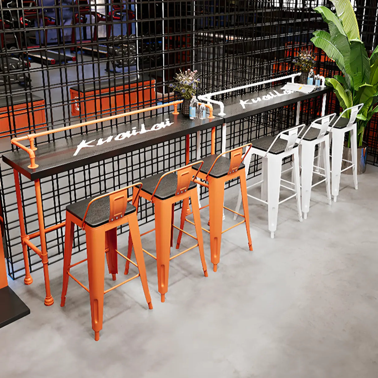 Industrial Spectator Height Bar Table with Orange Railing Image - 3