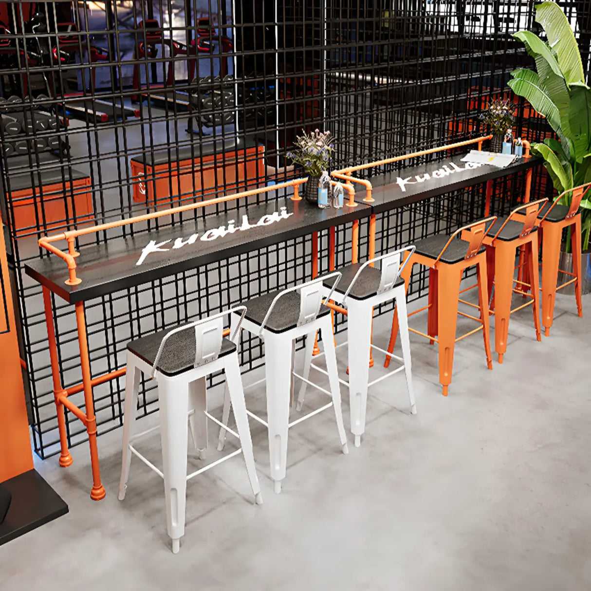 Industrial Spectator Height Bar Table with Orange Railing Image - 4