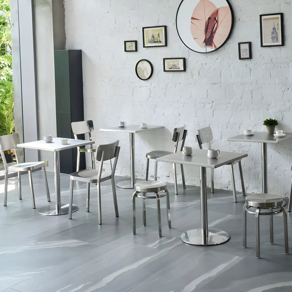 Industrial Square Stainless Steel Silver Dining Table Image - 3