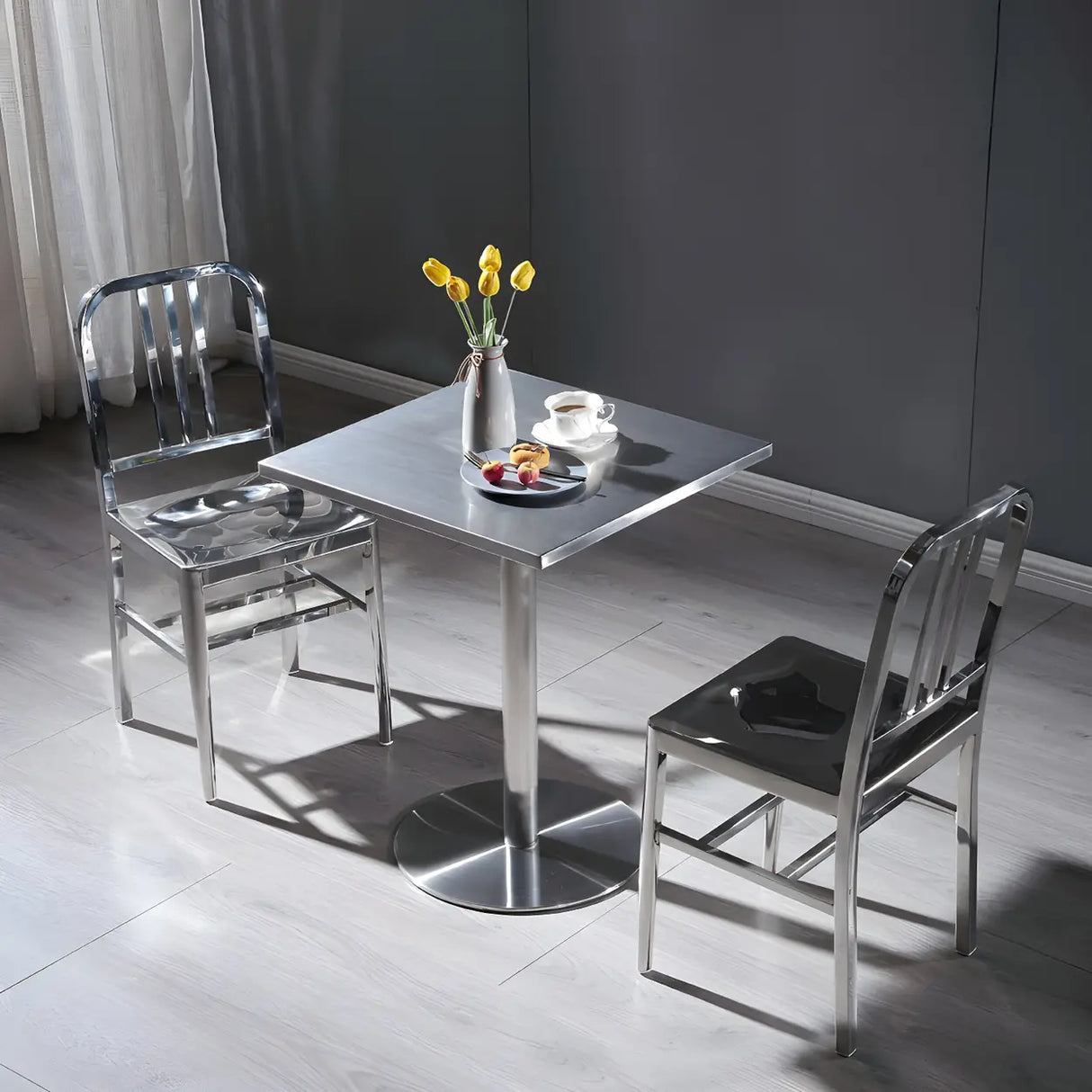 Industrial Square Stainless Steel Silver Dining Table Image - 4