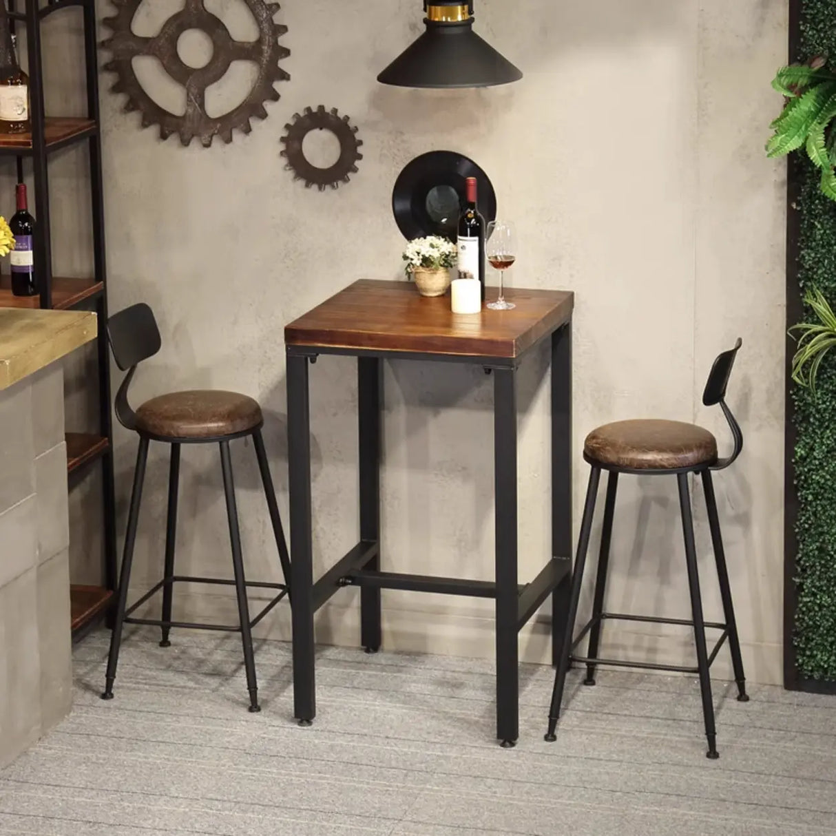 Industrial Square Wood and Metal Bar Table with Footrest Image - 1