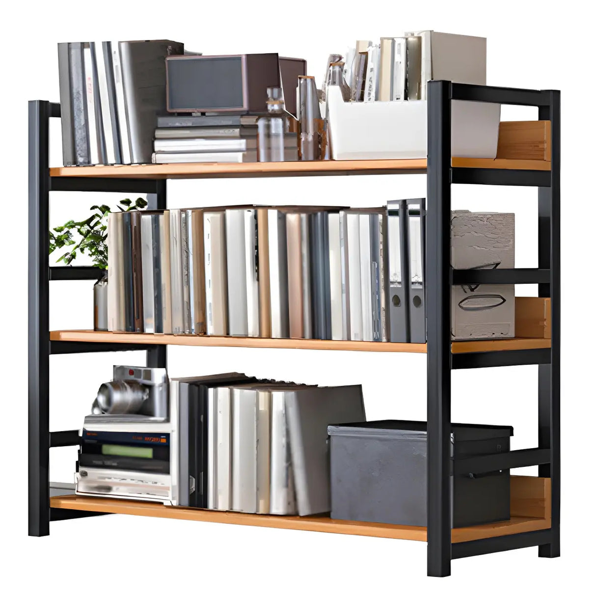 Industrial Steel Open Back Wooden Standard Bookshelf Image - 10