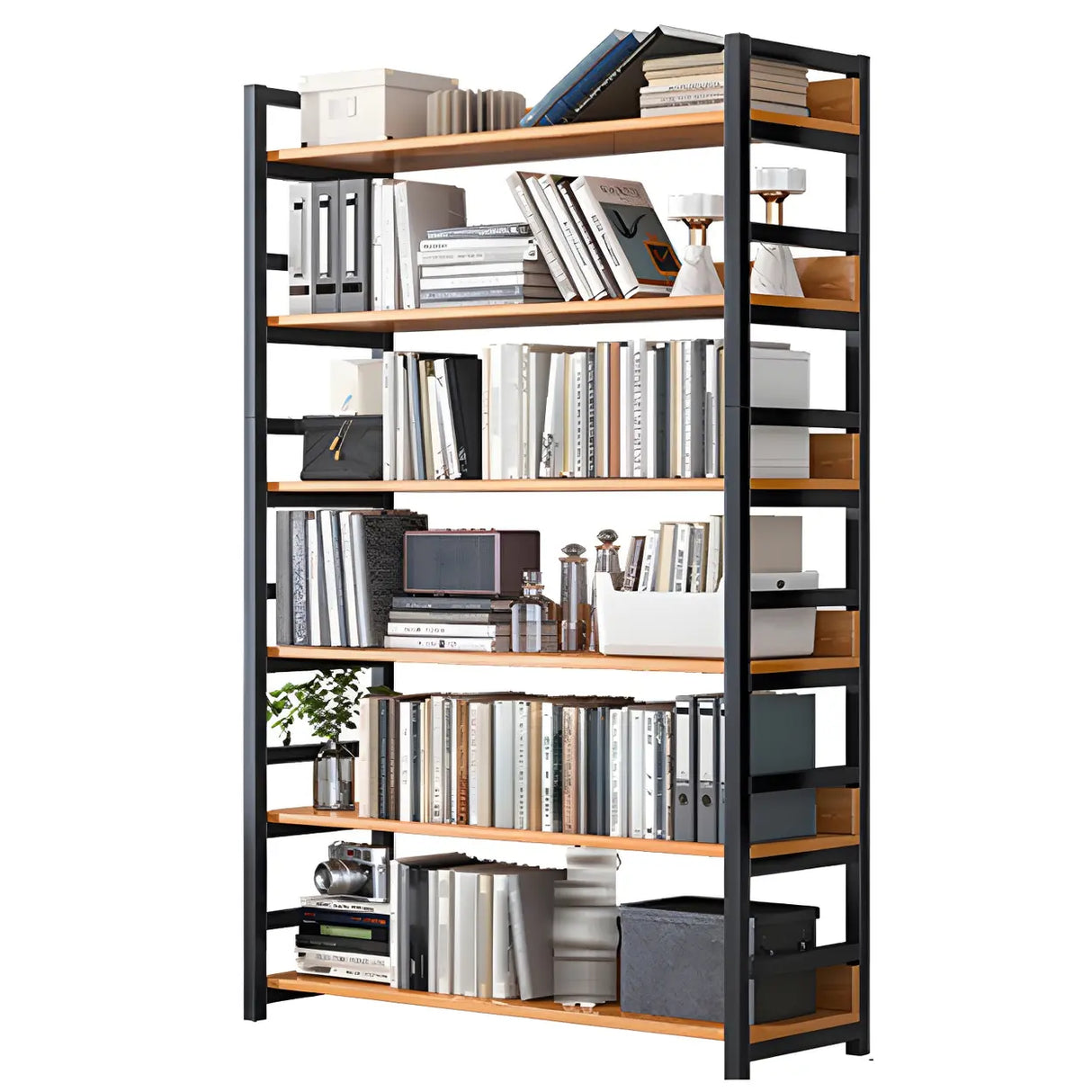 Industrial Steel Open Back Wooden Standard Bookshelf Image - 12