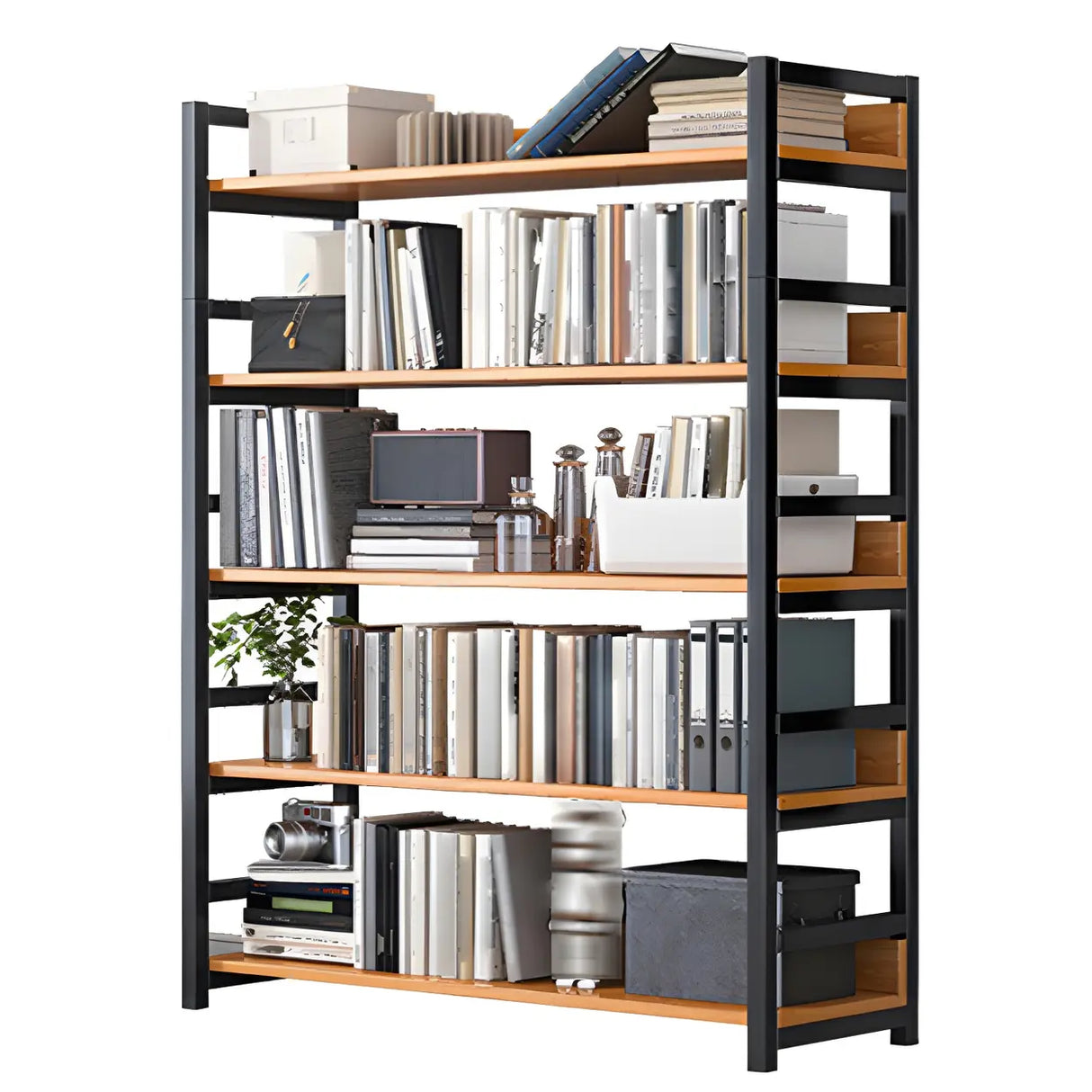Industrial Steel Open Back Wooden Standard Bookshelf Image - 14