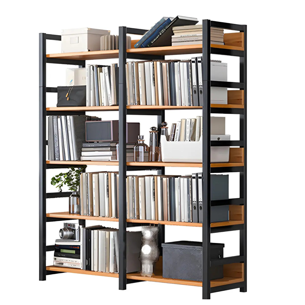 Industrial Steel Open Back Wooden Standard Bookshelf Image - 16