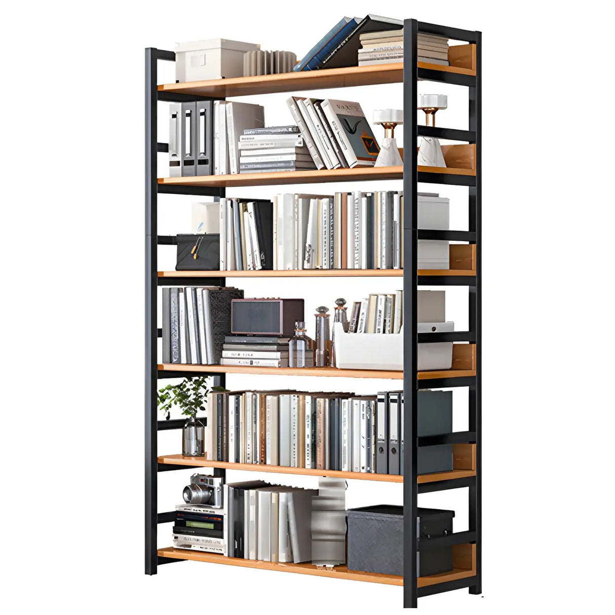 Industrial Steel Open Back Wooden Standard Bookshelf Image - 2