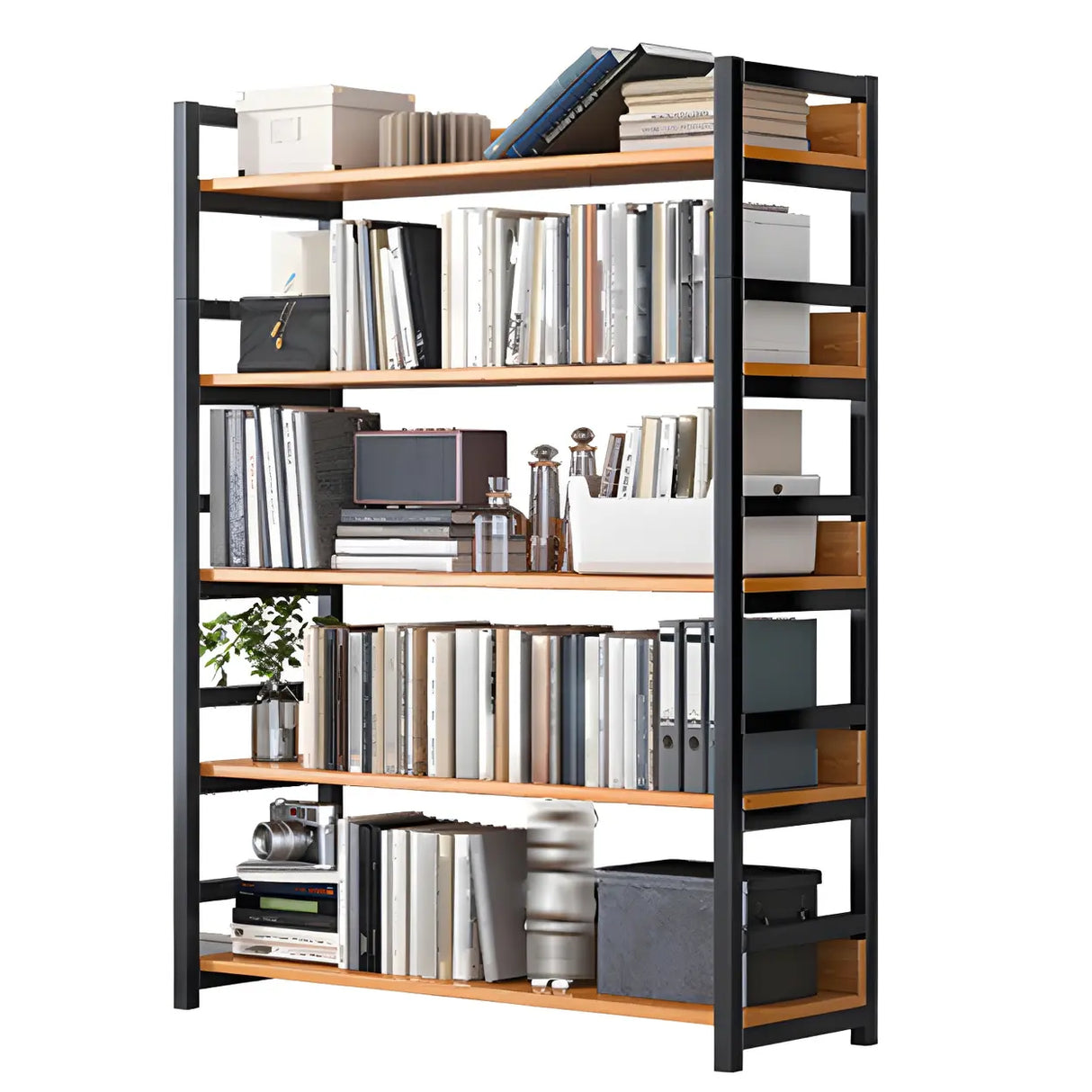 Industrial Steel Open Back Wooden Standard Bookshelf Image - 3
