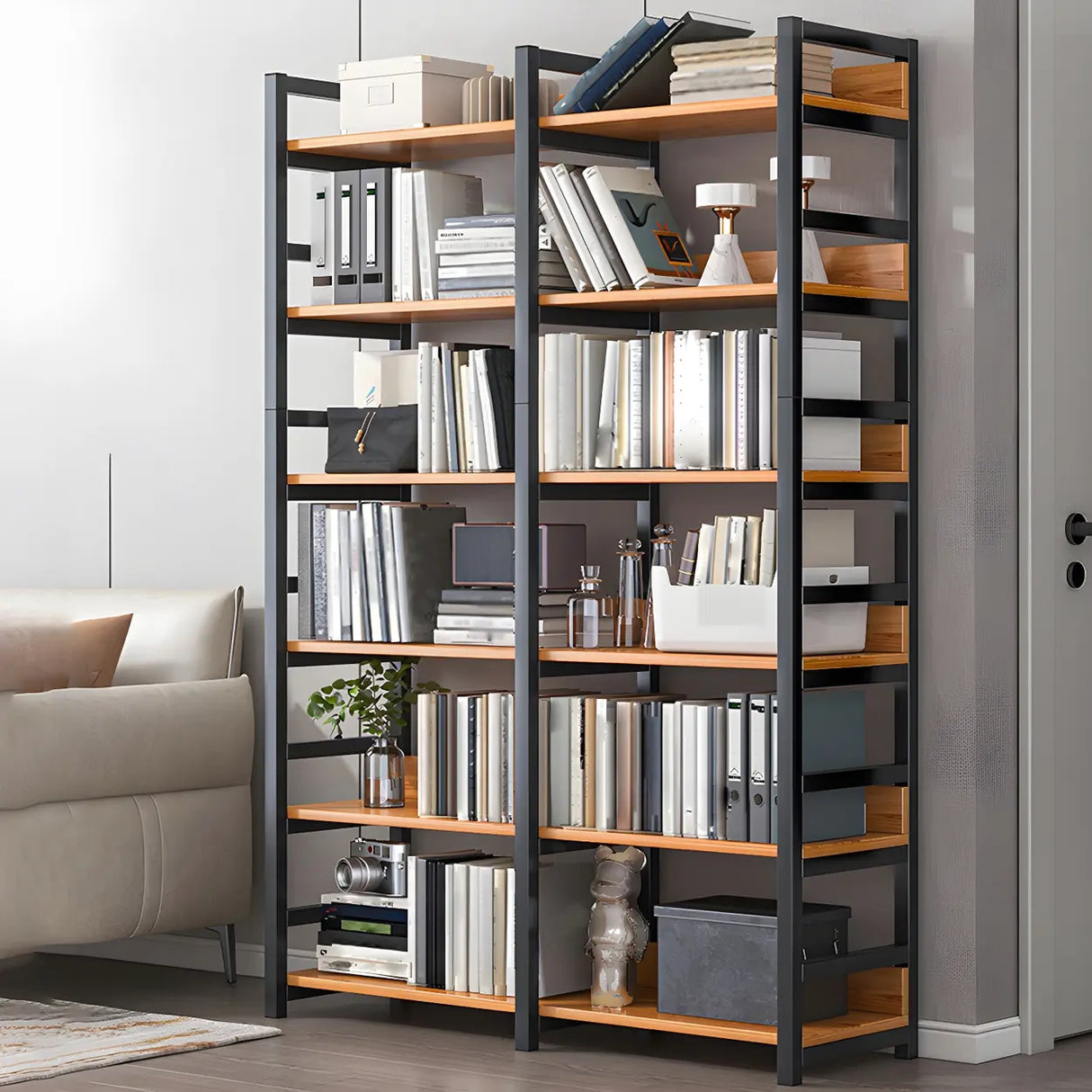 Industrial Steel Open Back Wooden Standard Bookshelf Image - 4