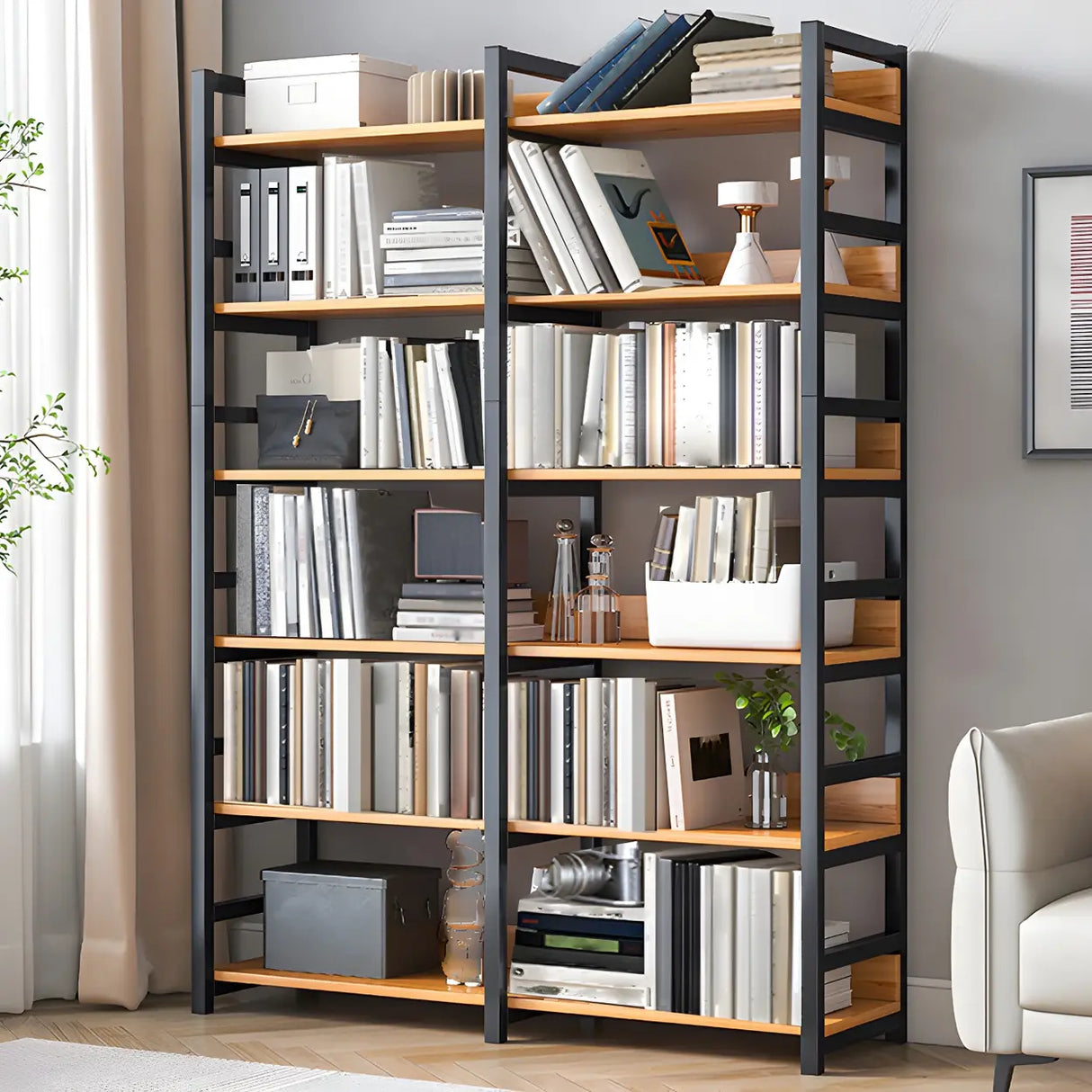 Industrial Steel Open Back Wooden Standard Bookshelf Image - 6