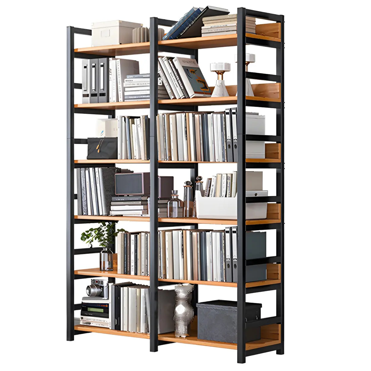 Industrial Steel Open Back Wooden Standard Bookshelf Image - 9