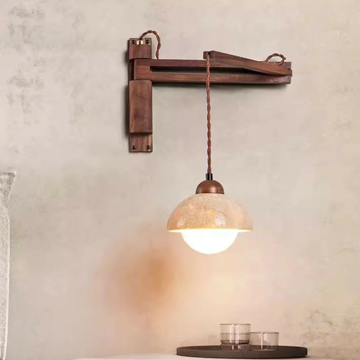 Industrial Walnut Wood Dome Swing Arm Wall Sconce Image - 3