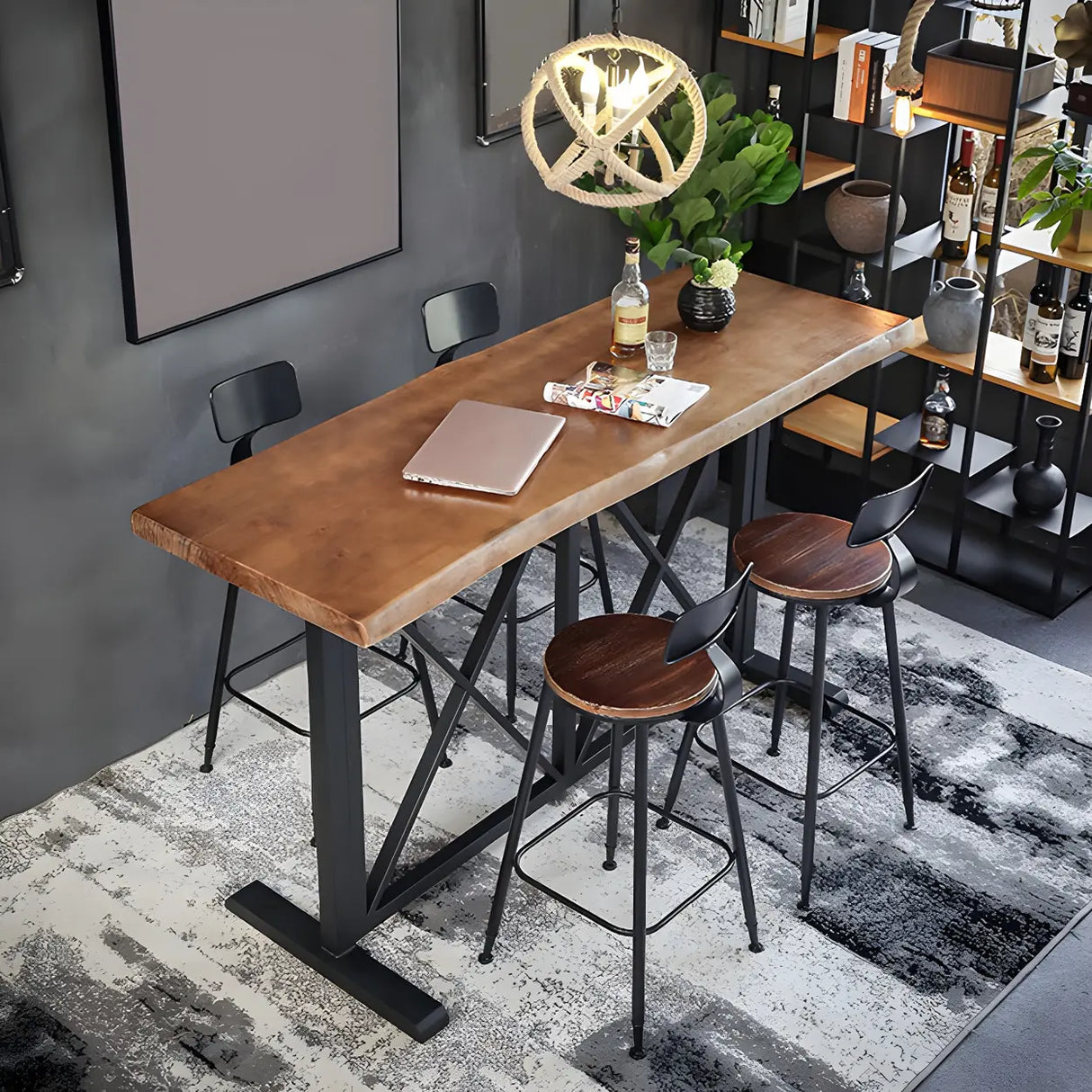 Industrial Wood Bar Table Set with Footrest Low Back Stool Image - 1