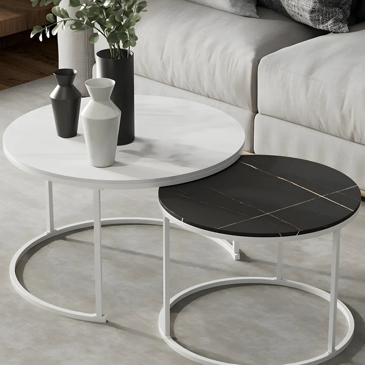 Iron Frame Round Stone Top Nesting Coffee Tables Image - 11