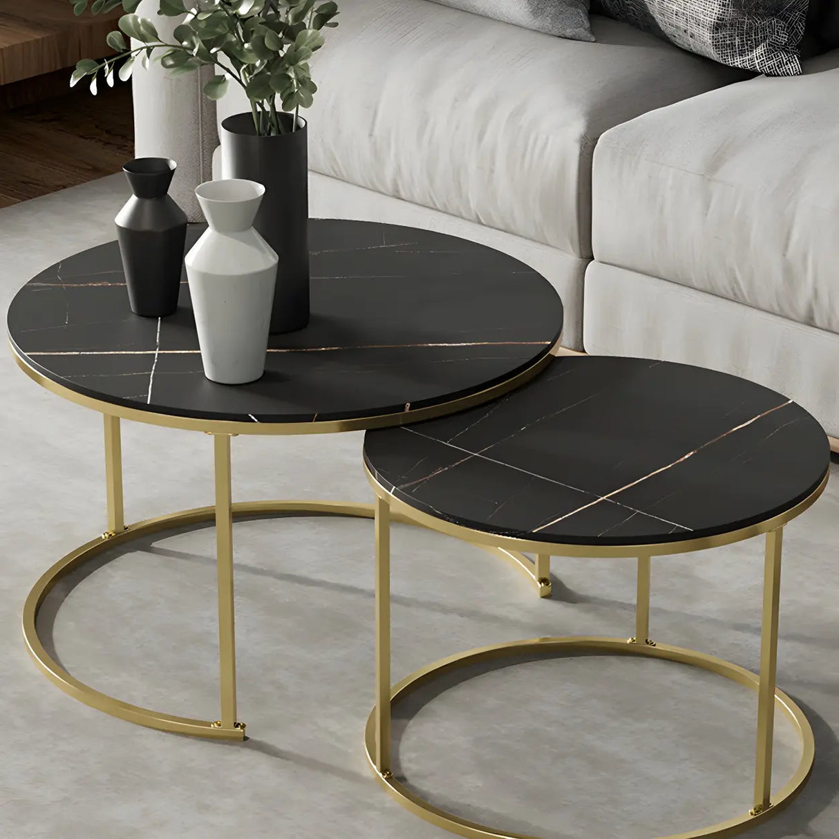 Iron Frame Round Stone Top Nesting Coffee Tables Image - 12