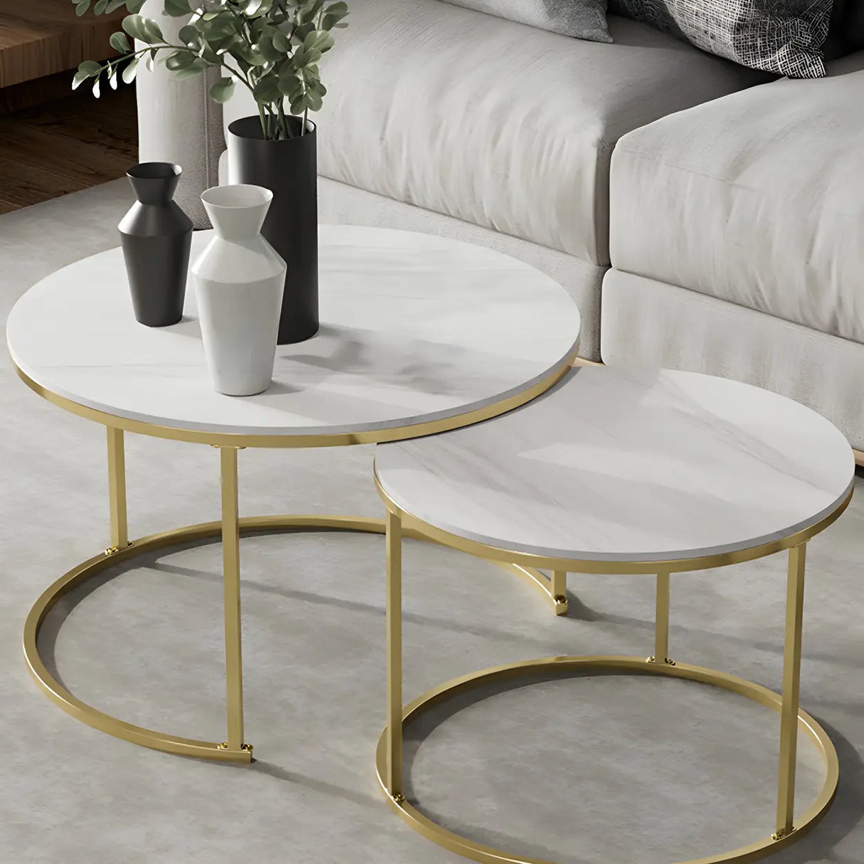 Iron Frame Round Stone Top Nesting Coffee Tables Image - 13