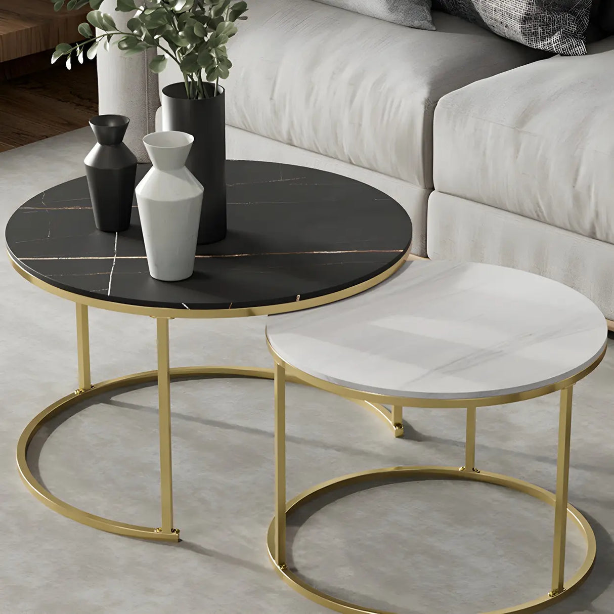 Iron Frame Round Stone Top Nesting Coffee Tables Image - 14
