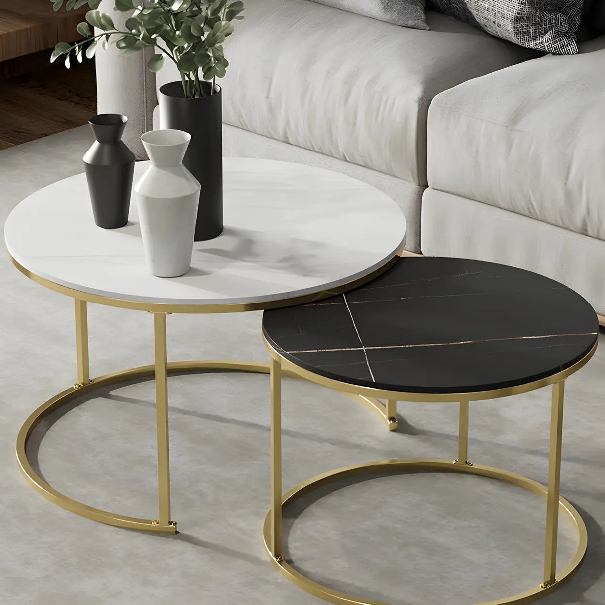 Iron Frame Round Stone Top Nesting Coffee Tables Image - 15