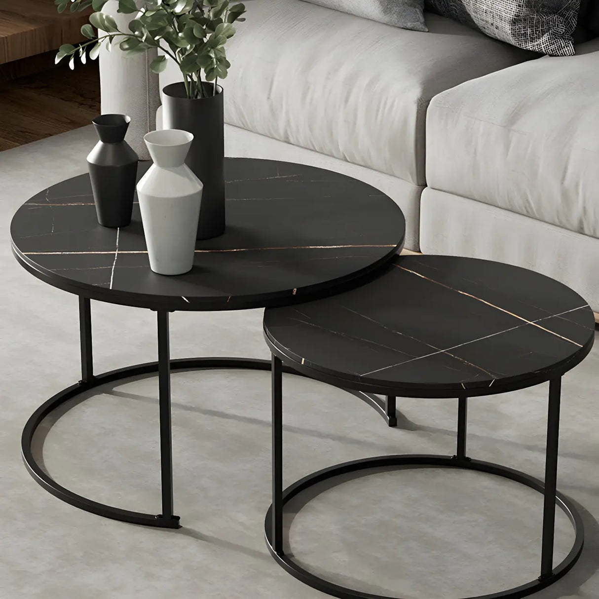 Iron Frame Round Stone Top Nesting Coffee Tables Image - 1