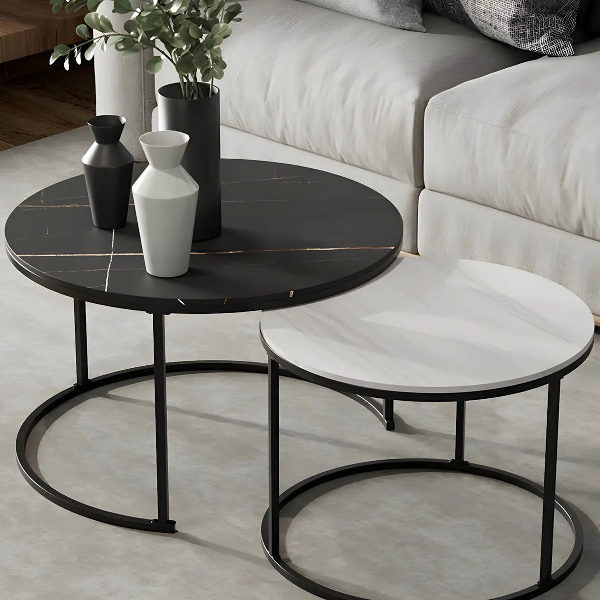 Iron Frame Round Stone Top Nesting Coffee Tables Image - 2