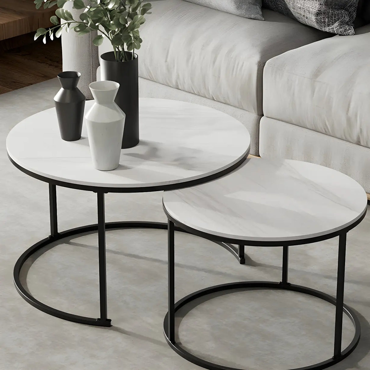 Iron Frame Round Stone Top Nesting Coffee Tables Image - 3