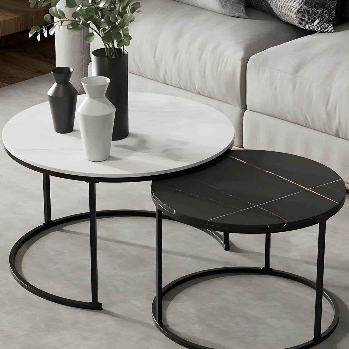Iron Frame Round Stone Top Nesting Coffee Tables Image - 4