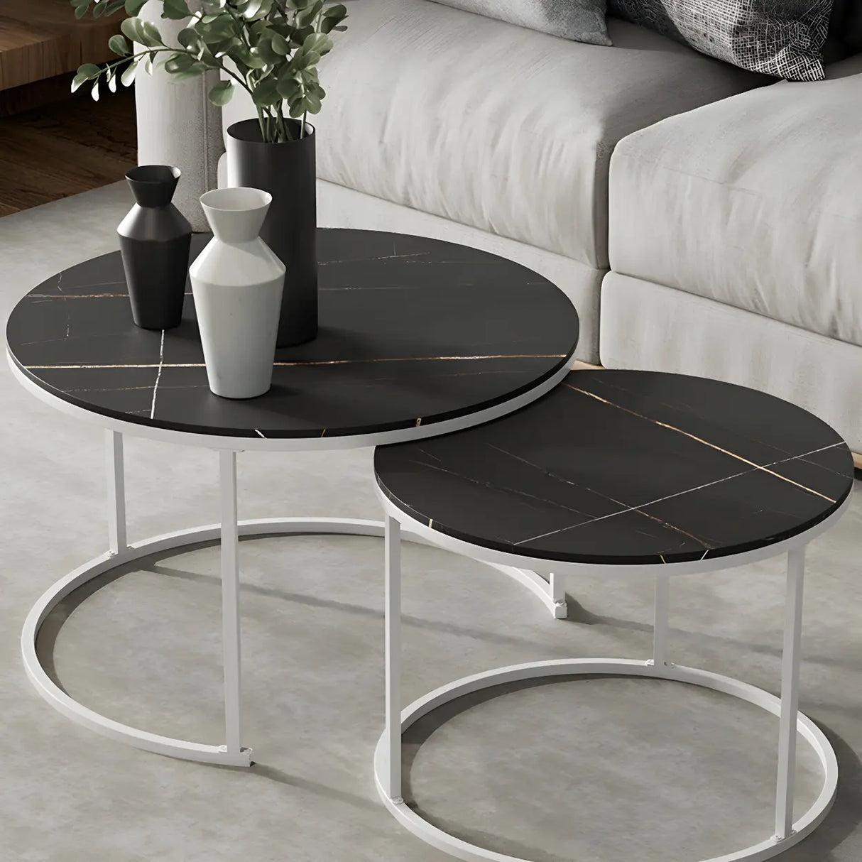 Iron Frame Round Stone Top Nesting Coffee Tables Image - 5