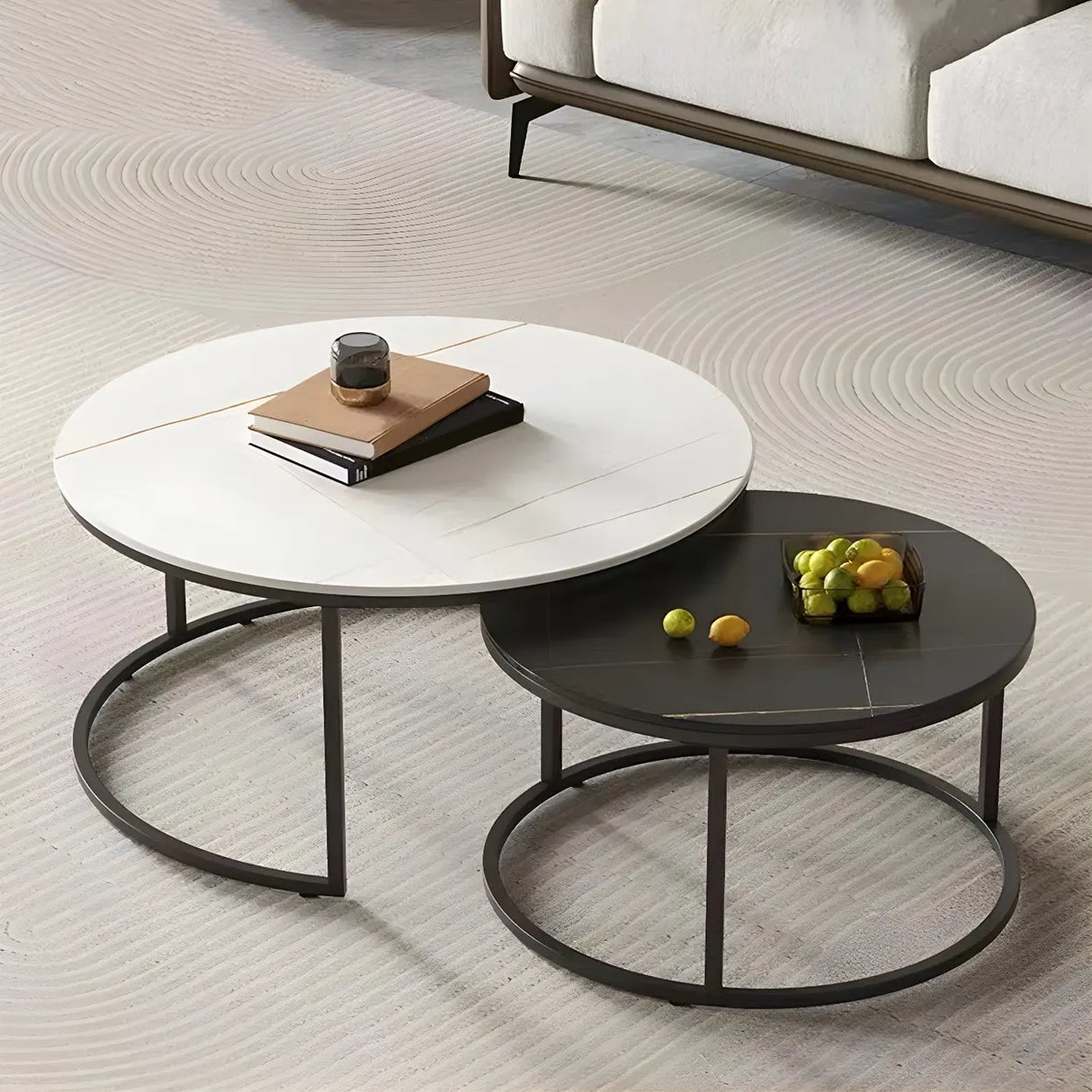 Iron Frame Round Stone Top Nesting Coffee Tables Image - 6