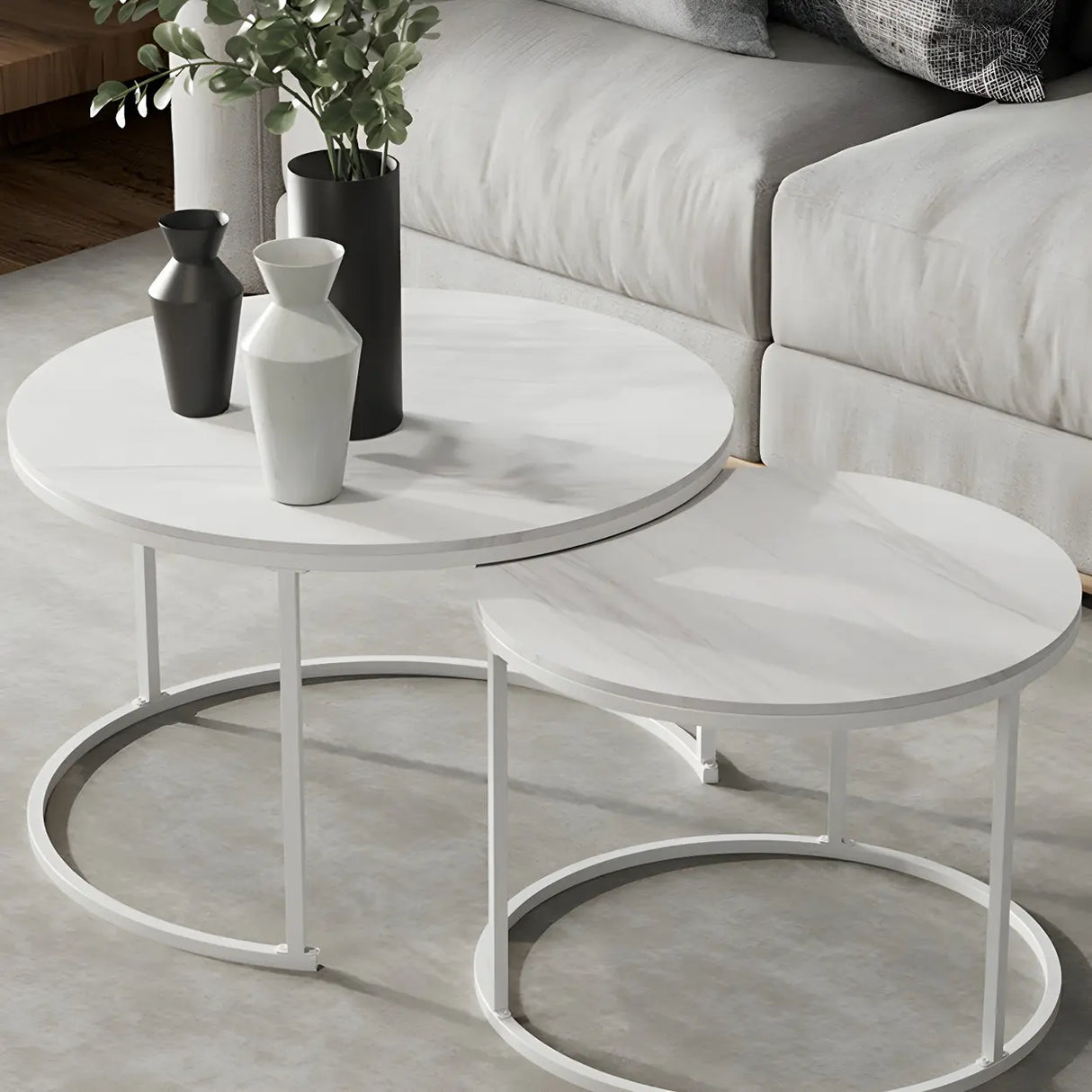 Iron Frame Round Stone Top Nesting Coffee Tables Image - 7
