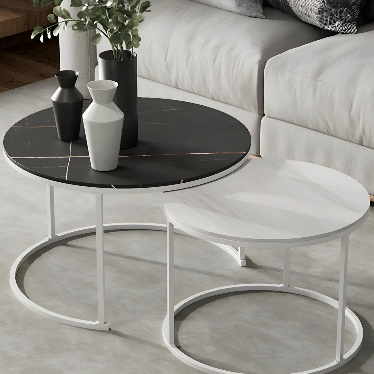 Iron Frame Round Stone Top Nesting Coffee Tables Image - 9
