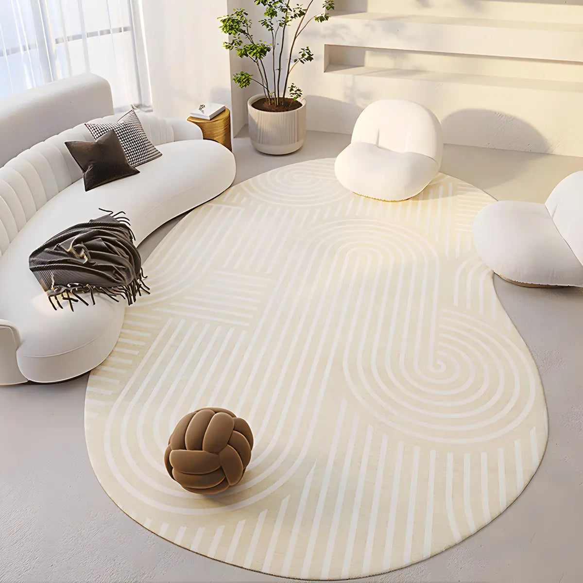 Irregular Contemporary Abstract Cotton White Area Rug Image - 12