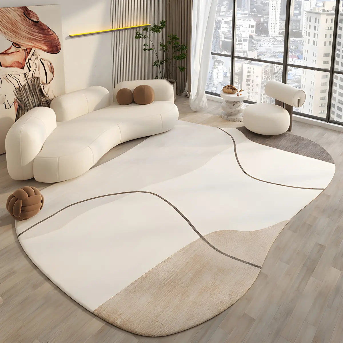 Irregular Contemporary Abstract Cotton White Area Rug Image - 13