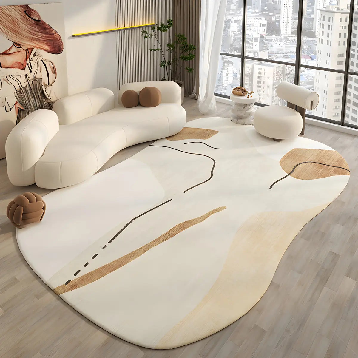 Irregular Contemporary Abstract Cotton White Area Rug Image - 3