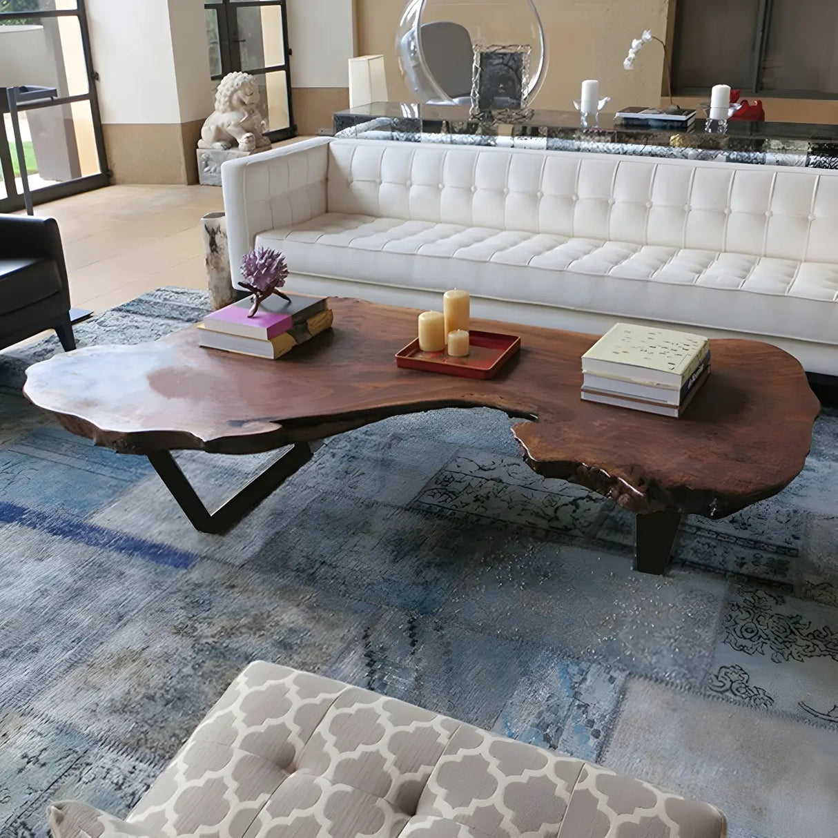 Irregular Red Wood Top Sled Steel Base Coffee Table Image - 2