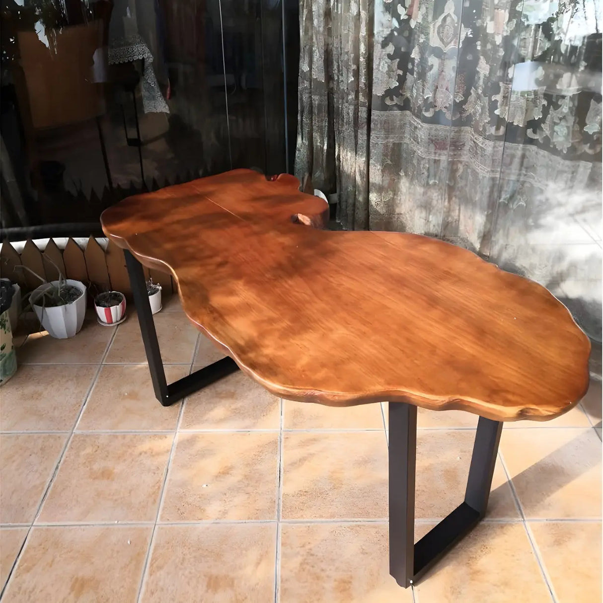 Irregular Red Wood Top Sled Steel Base Coffee Table Image - 4