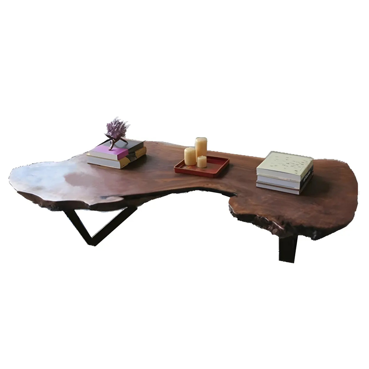 Irregular Red Wood Top Sled Steel Base Coffee Table Image - 6