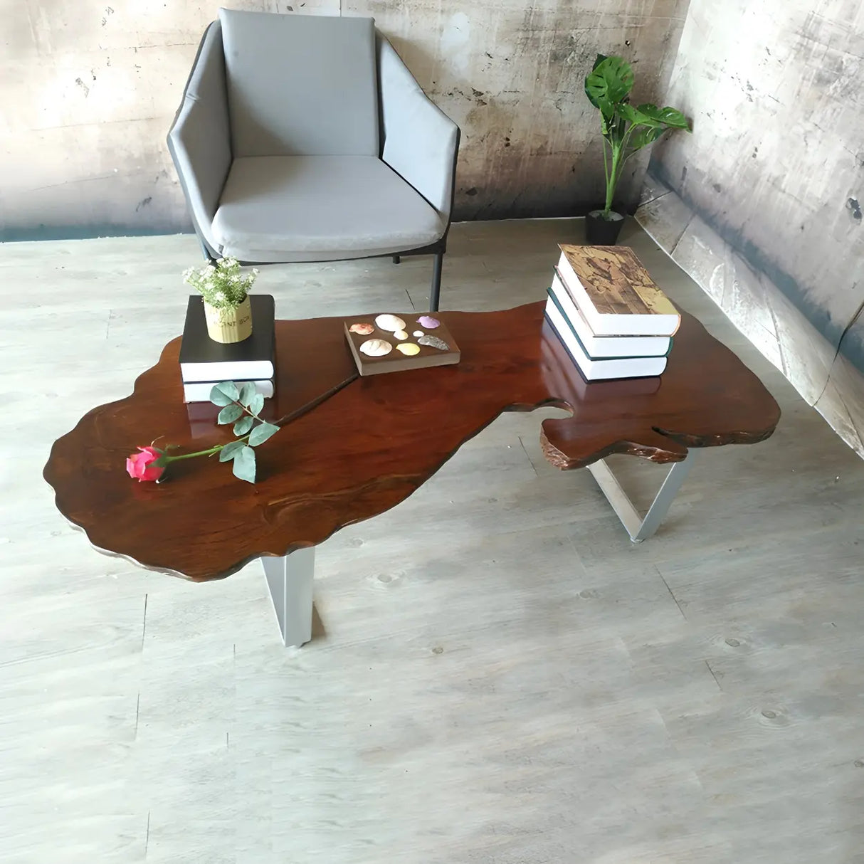 Irregular Red Wood Top Sled Steel Base Coffee Table Image - 7